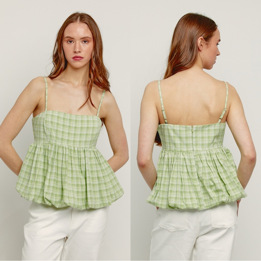NWT Another Girl Women’s Gingham Bubble Hem Peplum Tank Top Sleeveless Green S